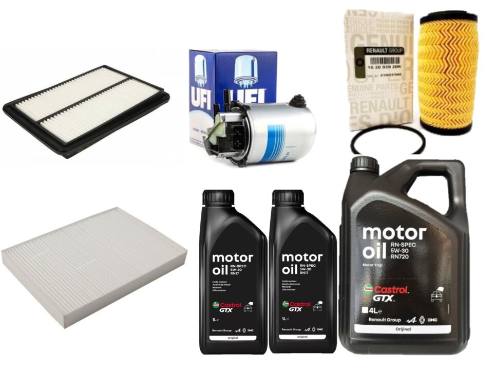 Kadjar Yağ Bakım Seti 1.6 Dci R9M (2013-2022) (Motor Yağı+Yağ +Hava+Polen +Mazot Filtre)
